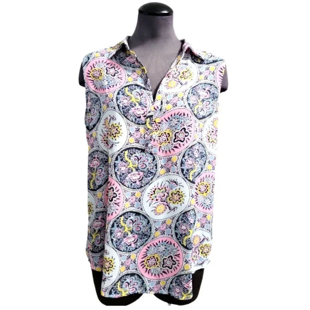 EC LOFT OUTLET FLORAL SLEEVELESS V-NECK BLOUSE W/COLLAR SZ. M
